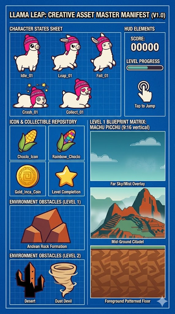 Llama Leap creative asset master manifest v1.0 — character states, HUD elements and level blueprint