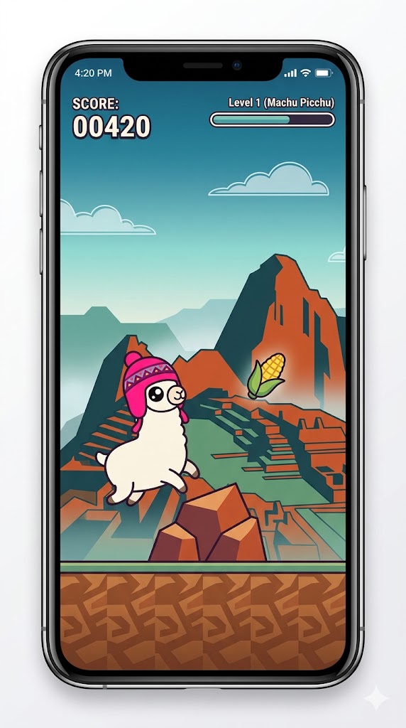 Llama Leap gameplay on phone — Level 1, Machu Picchu